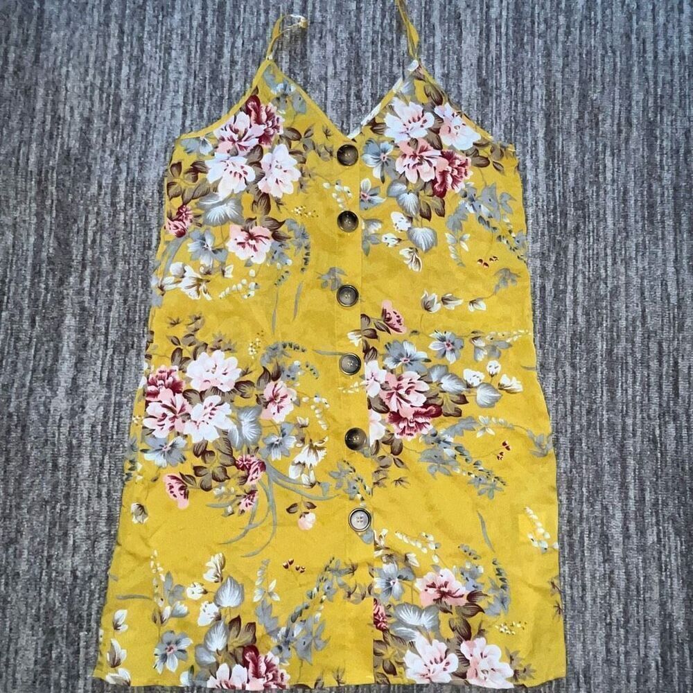 SHEIN Womens Size XS Mini Strappy Tank Dress Yellow Floral Sleeveless Adjustable
